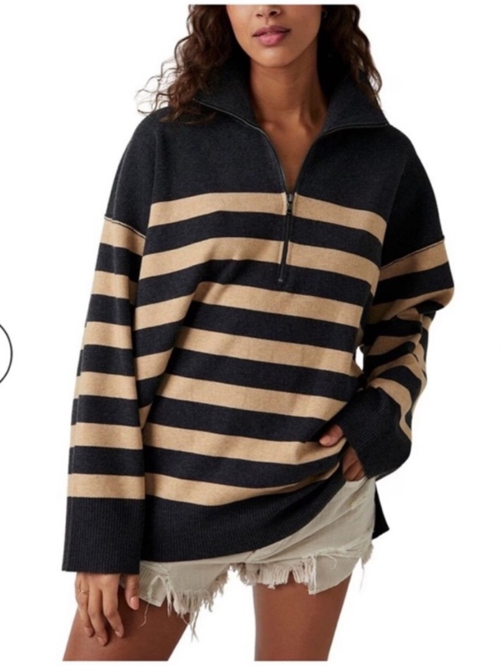 Free People 1/4 zip Black and Tan Coastal stripe pullover sweater size X small - Picture 1 of 13